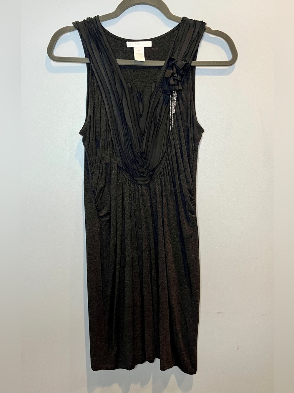 Design History Black Pleated Midi Dress with Draped Neckline